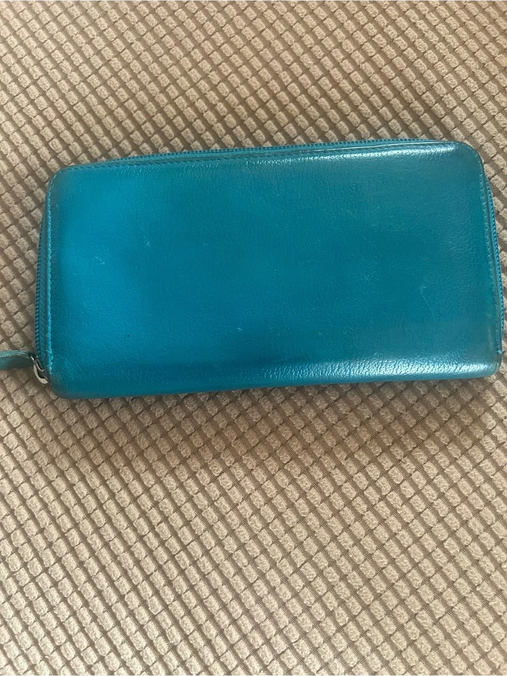 CHANEL Embossed Jacket Goatskin Zip Wallet Turquoise Blue